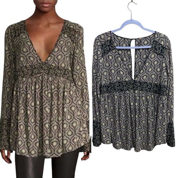 Free People Rolling Hills‎ Boho Tunic Blouse – Black Floral, Size S - Picture 1 of 11